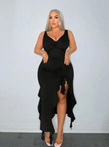 SHEIN SXY 夏季不对称荷叶边下摆高开叉设计小众性感紧身中长裙