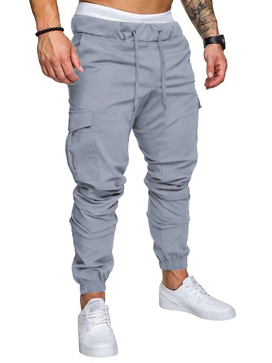 Manfinity Homme Men's Drawstring Pocket Design Casual Daily Wear Pants - Light Grey - View 1