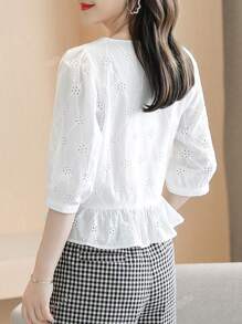 Summer Casual White Hollow Out Embroidered Lantern Sleeve Blouse