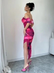 Selianne 女士优雅扎染印花露肩侧开衩连衣裙，夏季新年服装长款女装 - 玫瑰紅 - 查看 5