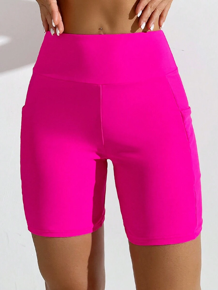 SHEIN Swim 女士纯色比基尼三角裤，带口袋，休闲夏季 - 玫紅色 - 查看 1