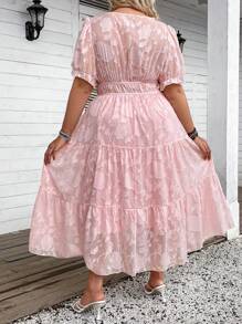 SHEIN CURVE+ Váy dài tay bồng họa tiết hoa mỏng cổ tim cỡ lớn mùa hè - Hồng - Xem 2