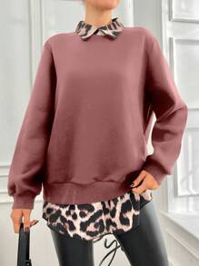 SHEIN Cottnline Plus Size Leopard Print Spliced 2 in 1 Sweatshirt - Baby Pink - View 5