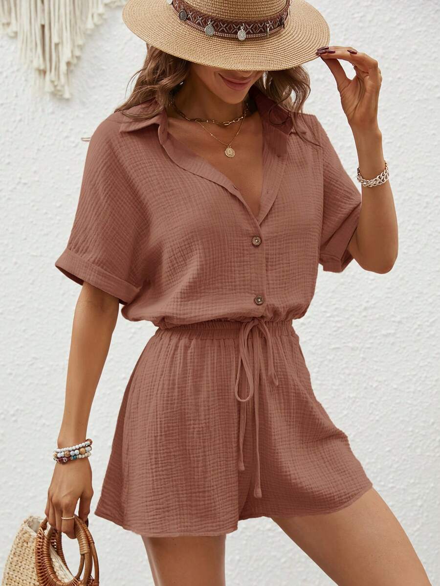 SHEIN LUNE Bộ áo sơ mi và quần short tay cánh dơi màu trơn trong kỳ nghỉ Holiday Leisure - Rỉ Nâu - Xem 1