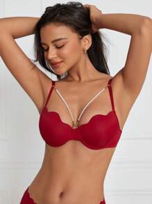 Women's Pearl Chain Decorated Bra Bridallingerie - Red - View 3