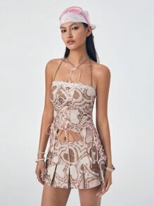 Skyy Designs Co Gonna mini plissettata casual estiva da donna con stampa a cuori, adatta per vacanze, feste, festival di San Valentino o Capodanno - Castano - Visualizzare 2