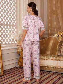PalaceNights Women's Round Neck Random Printed Lace Decorated Pajama Set