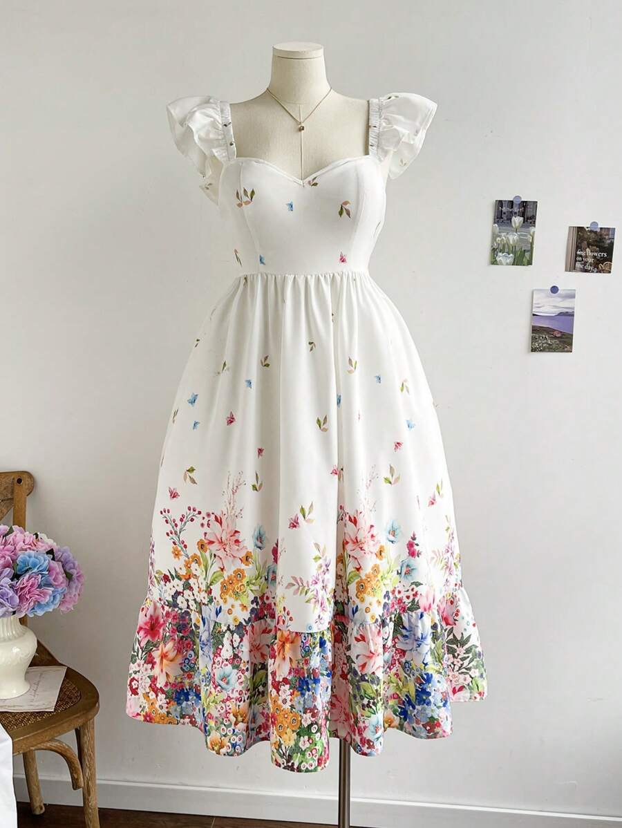 Dreamara 休闲度假多色定位花朵帽袖后系带加大码波西米亚风连衣裙长款，适合夏季 - 彩色 - 查看 1