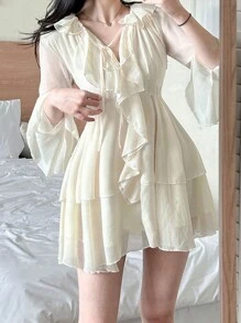 DAZY Women's Fall Elegant Solid Color Cold-Shoulder Halter Ruffle Hem Dress,Casual Women Dresses Long Sleeve Dress - White - View 7