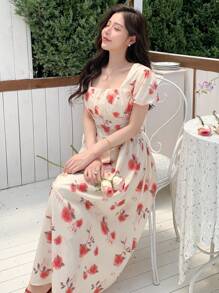 DAZY Damen Sommerkleid mit floralen Drucken, aufgebauschten Ärmeln und geraffter Taille, Strandkleid für den Urlaub - Verschiedenfarbig - Übersicht 2