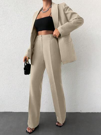 EURMUSE Women's Solid Color Simple Daily Long Sleeve Long Pants Suit