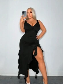 SHEIN SXY 夏季不对称荷叶边下摆高开叉设计小众性感紧身中长裙