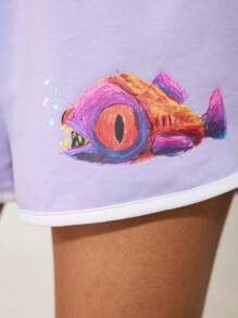 GAWX 艺术家弹性腰部夏季休闲短裤，带有字母和卡通图案，适合夏季、假日、度假、海滩、节日、伊比沙岛装扮、西方服饰 - 紫色 - 查看 4