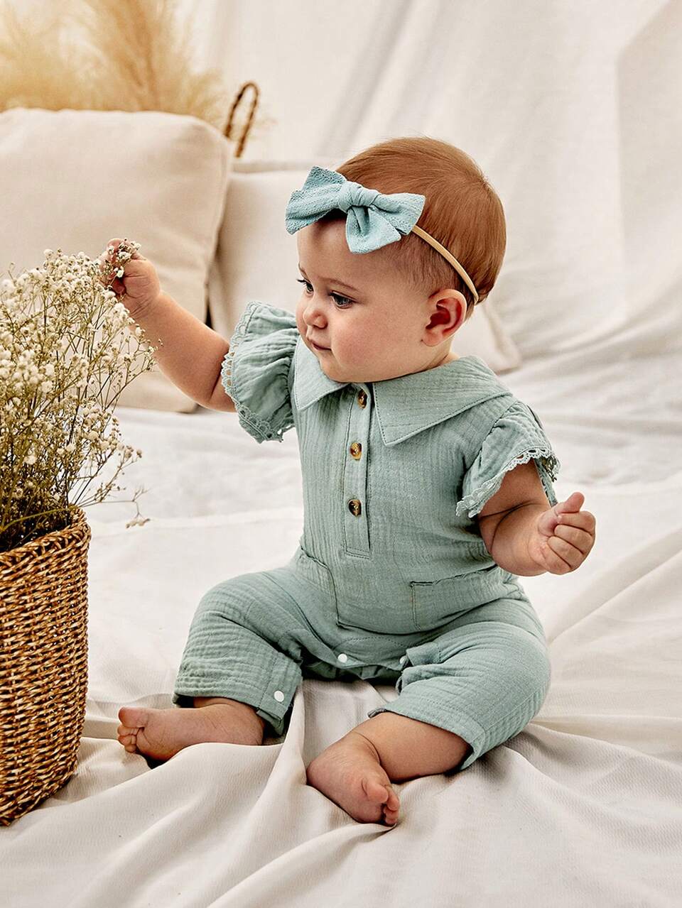 Baby Girl Casual, Elegant And Comfortable 100% Cotton Cap Sleeve Jumpsuit With Peter Pan Collar, Spring And Summer