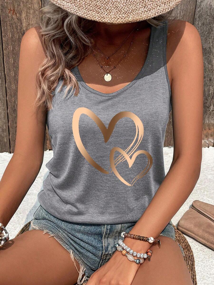 INAWLY Women's Fashion Valentine's Day Heart Patterned Tank Top Graphic Tees Women Tops - Light Grey - View 1