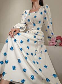 Modelyn Đầm Maxi Tay Lồng Đèn Hoa Mùa Hè Cho Nữ Có Cổ Vuông Và Thắt Lưng Eo - Màu xanh lam - Xem 3