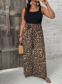 SHEIN VCAY Mono de verano de talla grande con cuello redondo, estampado de leopardo y cinturón, estilo bohemio
