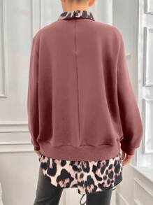 SHEIN Cottnline Plus Size Leopard Print Spliced 2 in 1 Sweatshirt - Baby Pink - View 2