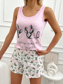 RueChic Set pigiama con grafica slogan & cactus con Copriocchi - Rosa - Visualizzare 3