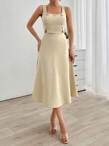 EURMUSE 方領石鑲飾女士優雅上衣與A字長裙兩件套裝