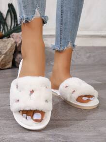 秋冬女士刺绣蝴蝶结家居拖鞋，四季皆宜的毛绒室内拖鞋，平底女士拖鞋，家用地板拖鞋，蓬松拖鞋 - 米色 - 查看 3