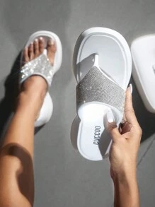 CUCCOO SZL Women's Stylish Rhinestone Embellished Slip-On Flip Flops For Summer Spring Shoes Spring Break Easter For Casual Beach Style