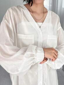 FRIFUL Ladies' Semi-Transparent Plain Simple Daily Shirt Sheer - White - View 6