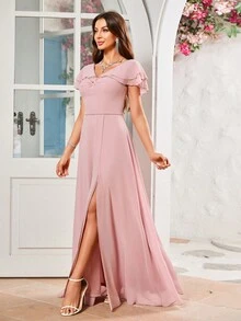 Butterfly Sleeve High Slit Fitted Chiffon Bridesmaid Dress - Pink - View 6