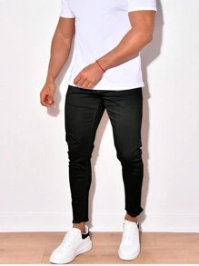 Men's Distressed Hem Slim Fit Denim 3/4 Pants - Black - View 4