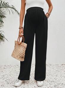 SHEIN Maternity Holiday Casual Solid Color High Waisted Straight-Leg Pants - Black - View 3