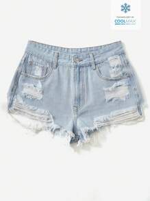 Quần short denim thường ngày dành cho nữ có túi khoét và viền sờn - Rửa nhẹ - Xem 1