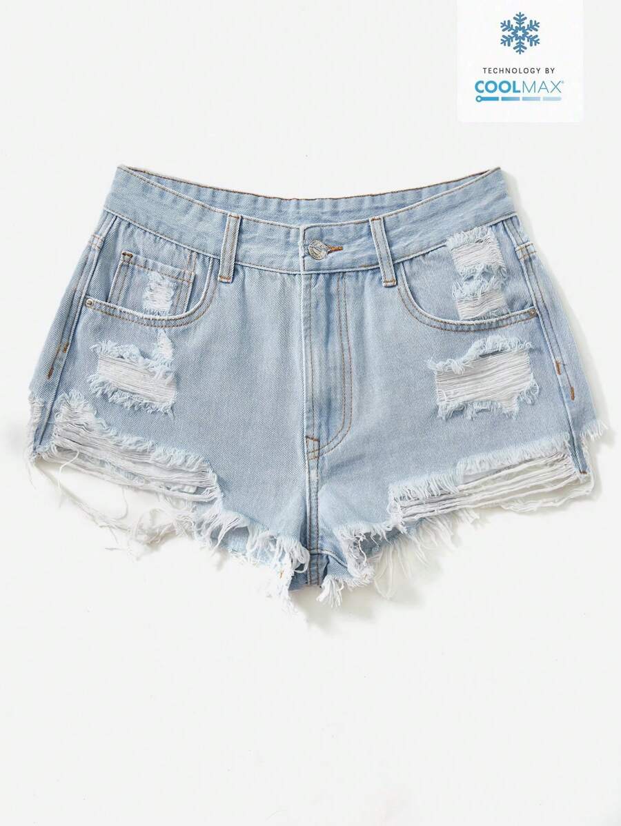 Quần short denim thường ngày dành cho nữ có túi khoét và viền sờn - Rửa nhẹ - Xem 1