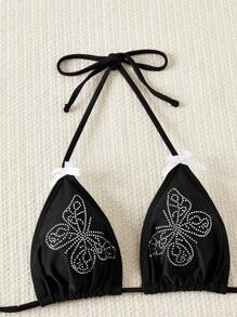 SHEIN Swim Summer Women's Pool Holiday Rhinestone Butterfly Halter Tie Simple Fashionable Bikini Set - Black - View 5