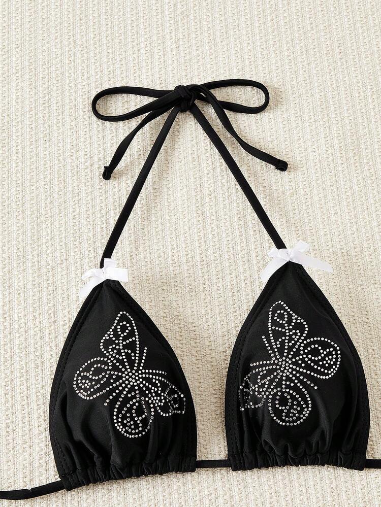 Summer Women's Pool Holiday Rhinestone Butterfly Halter Tie Simple Fashionable Bikini Set
