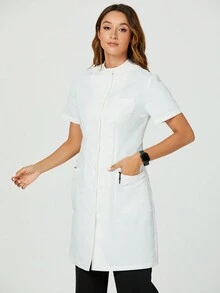 TaskEZ 夏季實色立領短袖醫護服，帶口袋和鈕扣，白色護士制服 - 白色 - 查看 7