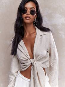 MISSGUIDED Rave Tying Knot Detail Linen Long Sleeve Crop Shirt Blouse - Beige - View 3