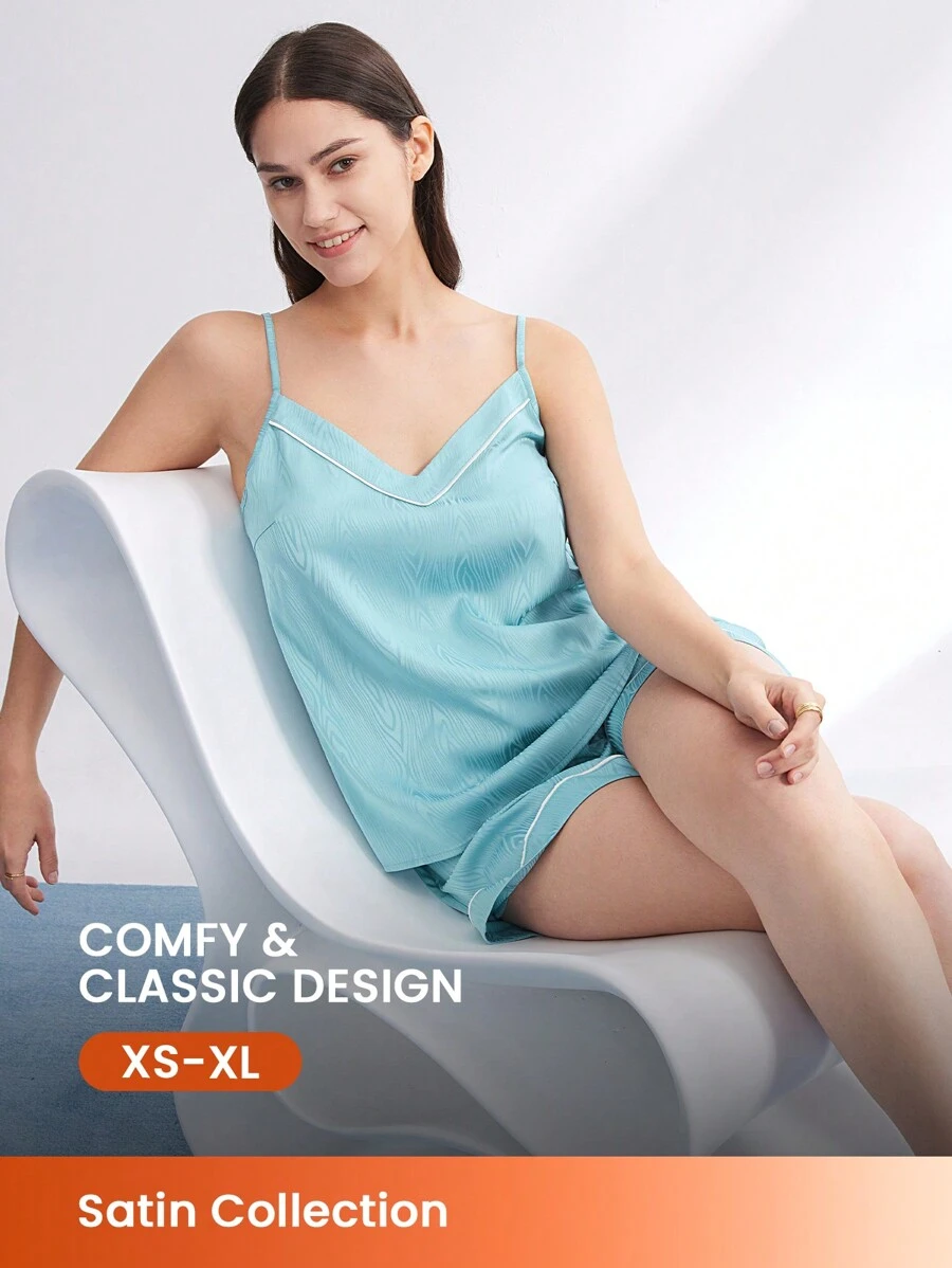 LUVLETTE 纹理缎面提花吊带背心和短裤 女士短款睡衣套装 天蓝色 - 薄荷藍 - 查看 1