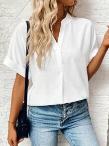 SHEIN LUNE Women's Summer Casual Solid Color Notched Neck Batwing Sleeve Shirt