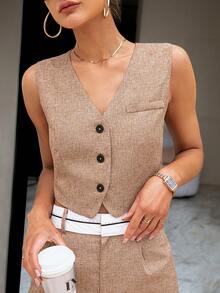 Sollinarry Set Áo Blazer Cài Nút Trước & Quần Ống Rộng - màu nâu - Xem 6