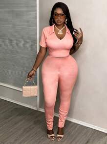 Slaydiva Casual Women's Plus Size Texture Printed V-Neck Collared Slim Fit Split Two-Piece Set - C - Dusty Pink - View 1
