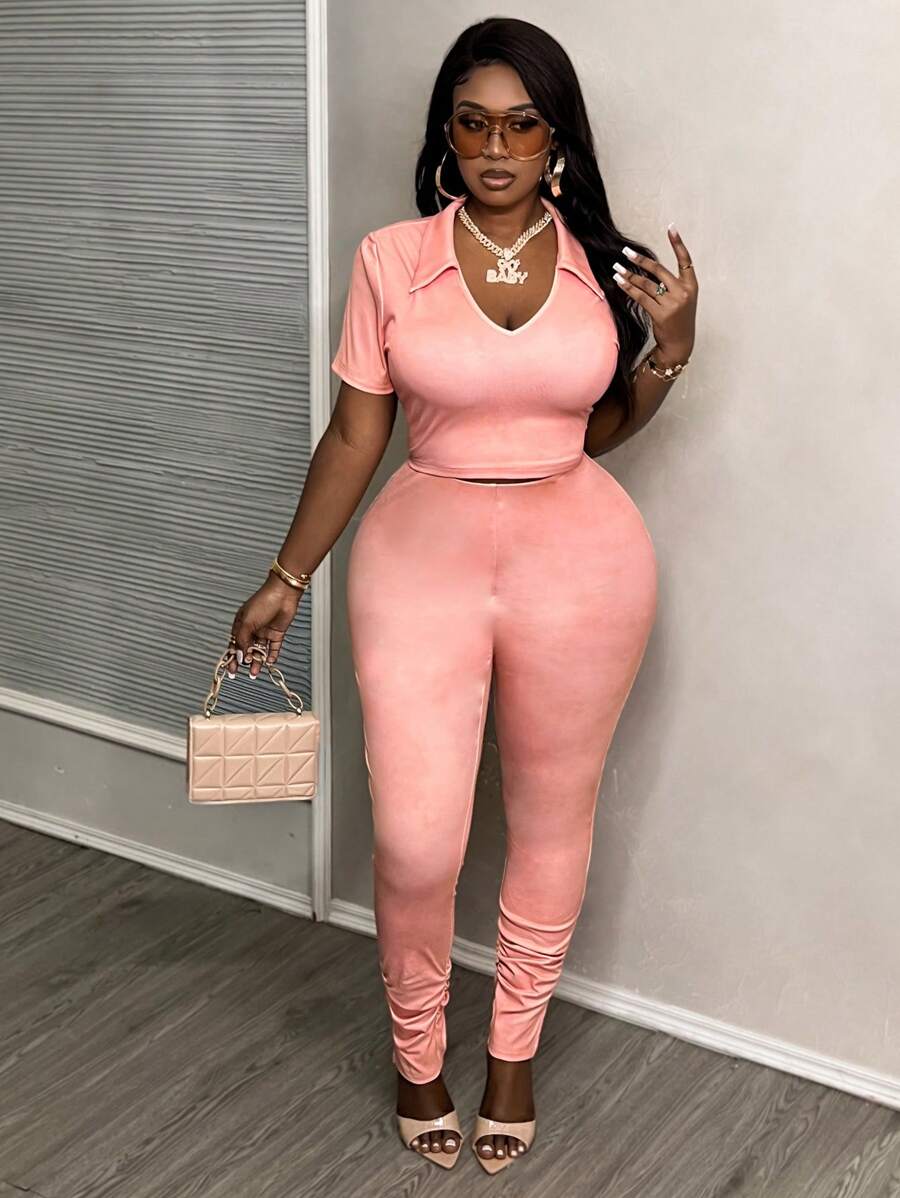 Slaydiva Casual Women's Plus Size Texture Printed V-Neck Collared Slim Fit Split Two-Piece Set - C - Dusty Pink - View 1