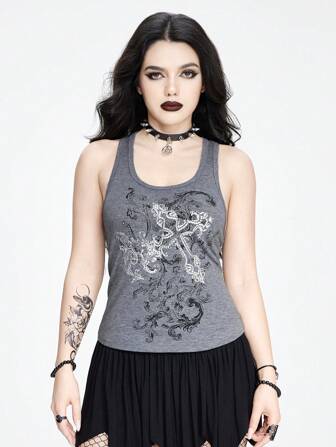 Grunge Punk Camiseta de tirantes adornada con patrón de cruz y vid con pedrería