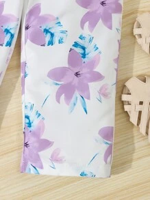 SHEIN 2 piezas/Set Parte superior con cuello asimétrico con estampado de flores y pantalones para niña joven, perfecto para vacaciones - Morado - Ver 4