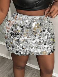 Slaydiva Plus Size Sparkly Silver Slim Fit Sequins Mini Skirt, Autumn/Winter - Silver - View 4