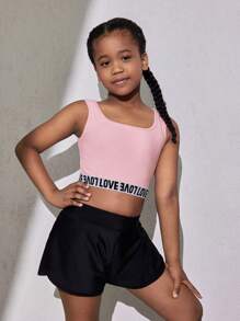 SHEIN Tween Girl Casual Solid Color Simple Letter Printed Tank Top And Pants Two-Piece Athletic Outfit