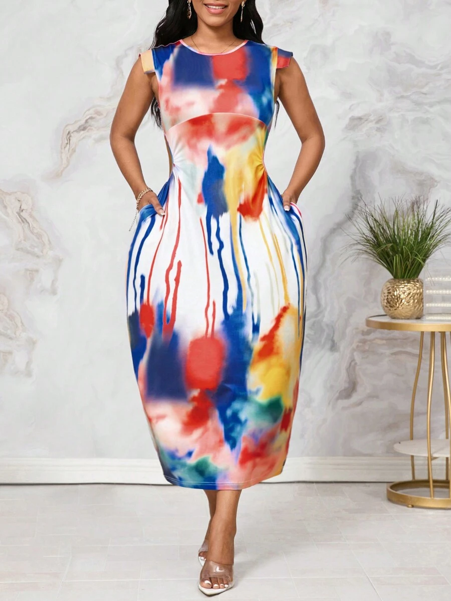 SHEIN Lady Ladies' Colorful Tie-Dye Printed Dress With Pocket, Perfect For Country Music Concerts - Multicolor - View 1