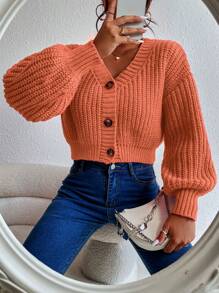 EMERY ROSE Women's Single-Breasted Lantern Sleeve Cardigan With Loose Drop Shoulder Design,Long Sleeve Tops Fall Winter Cloth For Women