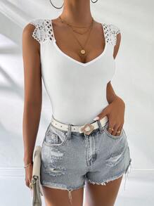SHEIN LUNE Ladies' Summer Solid Color Contrast Lace Slim Fit Elegant Tank Top - White - View 8