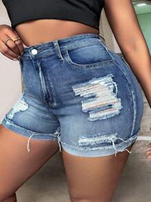 SHEIN CURVE+ Plus Size Nữ Đau Khổ Miếng Dán Cường Lực Viền Sờn Quần Short Denim Thường Ngày Có Túi - Rửa trung bình - Xem 1