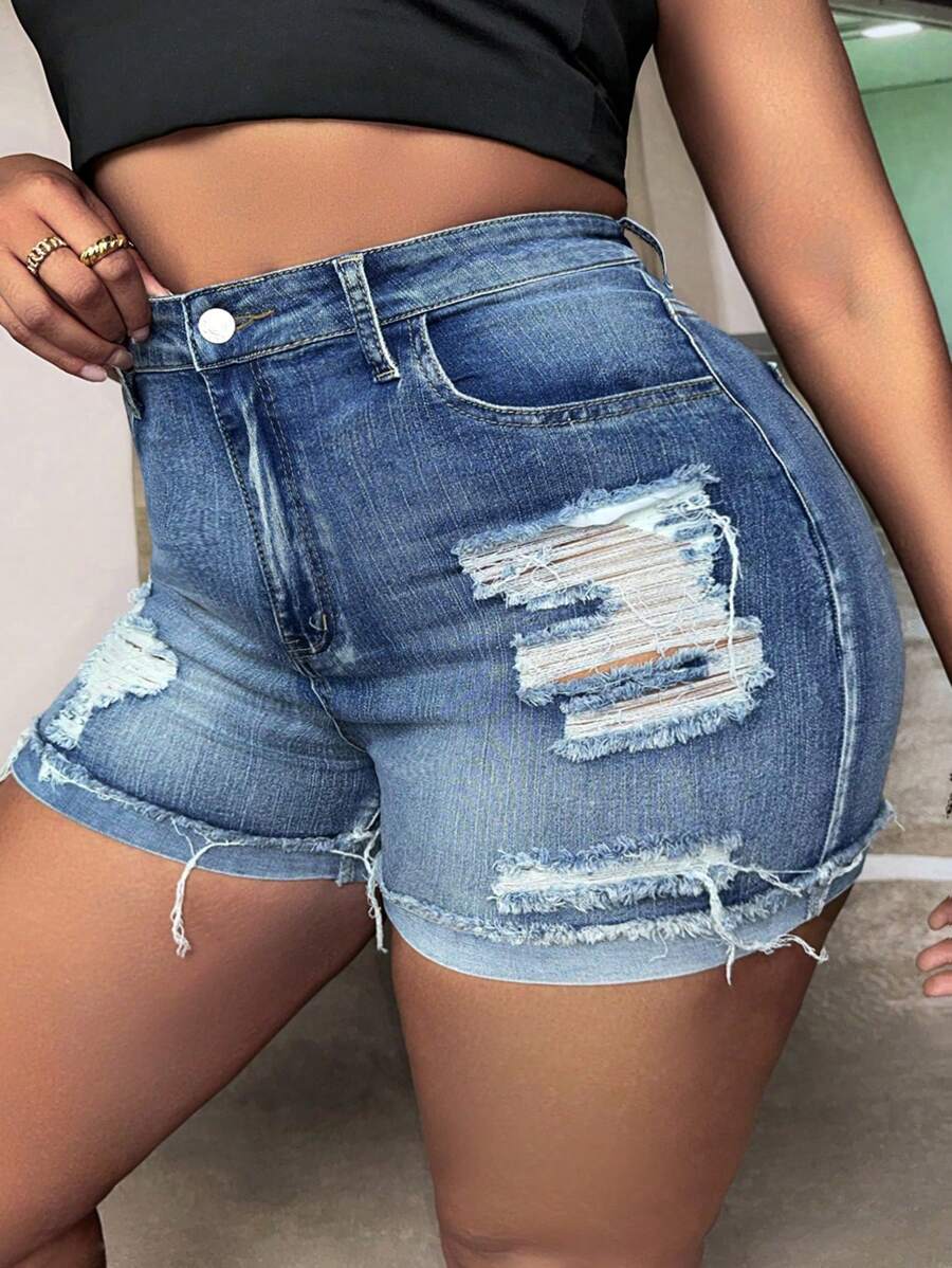 SHEIN CURVE+ Plus Size Nữ Đau Khổ Miếng Dán Cường Lực Viền Sờn Quần Short Denim Thường Ngày Có Túi - Rửa trung bình - Xem 1